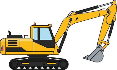 Yellow excavator construction vehicle ready for digging and earthmoving projects isolated on transparent background