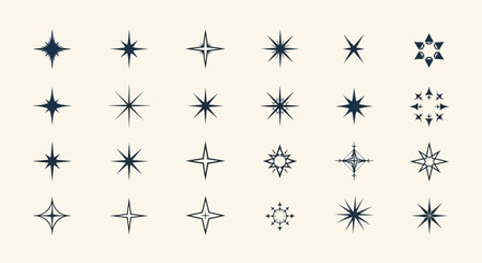 Collection of starburst and star shapes in various designs and arrangements on a beige background.