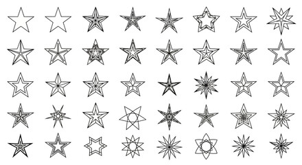 Collection of star shapes, various designs, black and white line art.