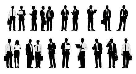 Silhouetted business people standing in various poses, some holding briefcases and electronic devices.