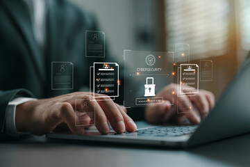 Businessman using laptop with cybersecurity interface, protecting personal data of employees and customers, representing privacy law compliance, secure access, and data confidentiality.
