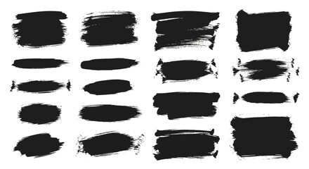 Collection of black brush strokes and paint splatters on a white background.