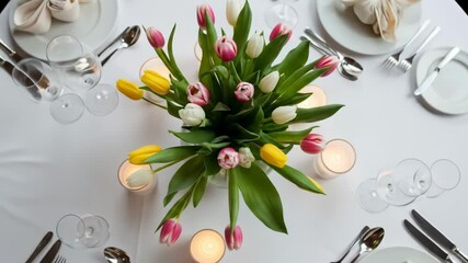 Elegant table setting with colorful tulips, candles, and place settings