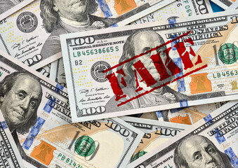 Fake One Hundred Dollar Bills Concept with Red Stamp