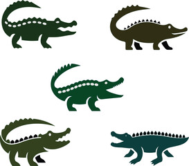 Crocodile vector icon set in different styles, perfect for wildlife logos, zoo branding, and nature illustrations.