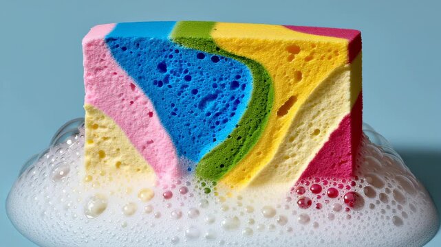 Colorful sponge block emerges from a frothy bubble bath, showcasing vibrant hues of blue, green, pink, and yellow, as the camera performs a smooth zoom in to capture the intricate textures and details