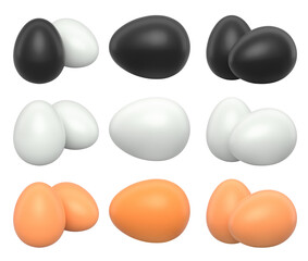 Brown, black and white eggs placed side by side isolated on white transparent background.
