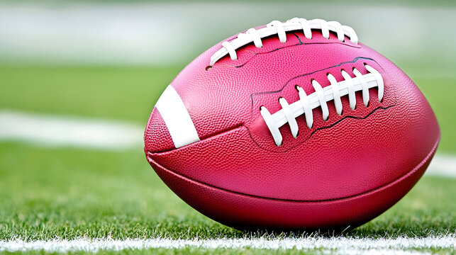 American Football Kickoff Game Start. Close-up Shot of an American Ball Standing on a Stadium Field Held by Professional Player