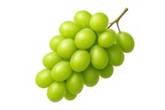 Fresh green grapes bunch with water droplets, delicious healthy fruit, sweet snack, transparent background