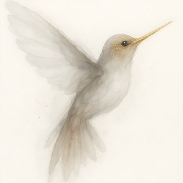 Elegant ethereal hummingbird with delicate golden accents and shimmering glitter detail, capturing a moment of serene flight and natural beauty.