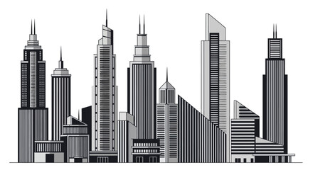 Naklejka premium Monochrome illustration of a cityscape skyline with various skyscrapers and buildings.