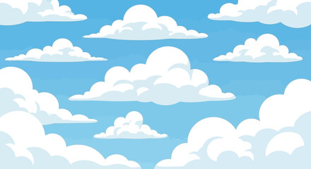Cartoon sky with fluffy white clouds on a bright blue background.