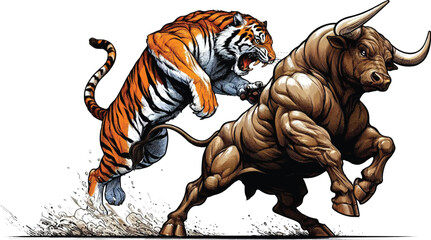 Fototapeta premium Tiger vs Bull
