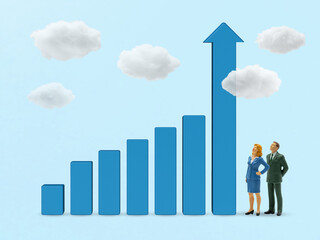 Visualizing Business Growth and Strategic Progress, Professionals stand beside rising bar chart with arrow top