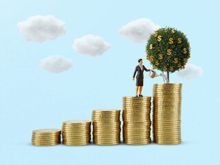 Nurturing Investments for Sustainable Financial Growth, Business figures grow money tree atop rising coin stacks