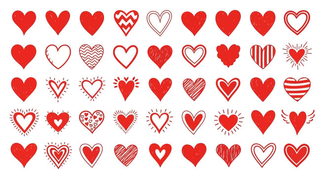 Collection of red heart illustrations in various styles, arranged in rows on a white background.