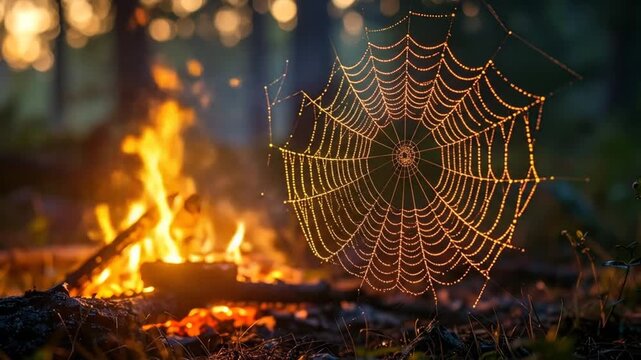 A campfire glows beside a dewy spiderweb, with bokeh in the background. A nature scene