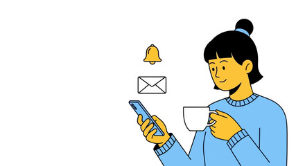 Woman with phone and coffee cup receiving notifications, email and bell icon.