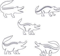 Minimalist crocodile outline icon set line art styles for modern zoo branding or educational use.