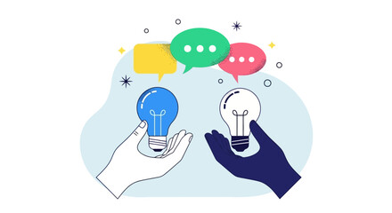 Idea exchange: Two hands holding light bulbs with speech bubbles above them.