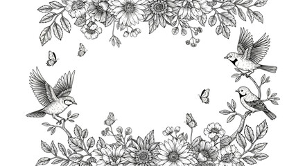 Fototapeta premium Detailed black and white drawing of birds, butterflies, and flowers in a frame.