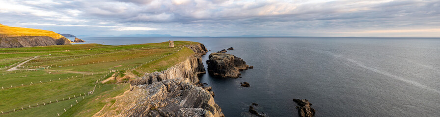 Aerial view of the coast at Malin Beg at the Napoleonic Signal Tower - County Donegal, Ireland