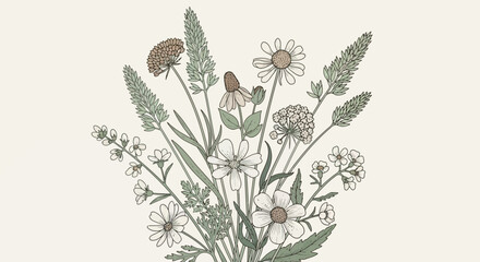 Detailed illustration of a wildflower bouquet with daisies, echinacea, and various grasses on a light background.