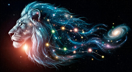 The Leo zodiac sign against a colorful night sky with stars and nebulae. A majestic, glowing lion symbol for the astrological calendar. Illustration for horoscopes and astrological themes.