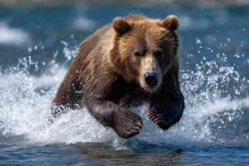 Obraz premium Brown bear leaps through water while chasing fish in a river during sunny daytime
