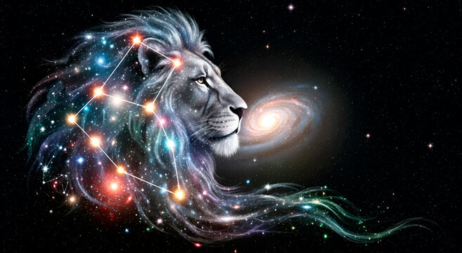 The Leo zodiac sign in a starry cosmic night sky. A majestic, glowing lion symbol for the astrological calendar. A colorful illustration for horoscopes and astrological themes.