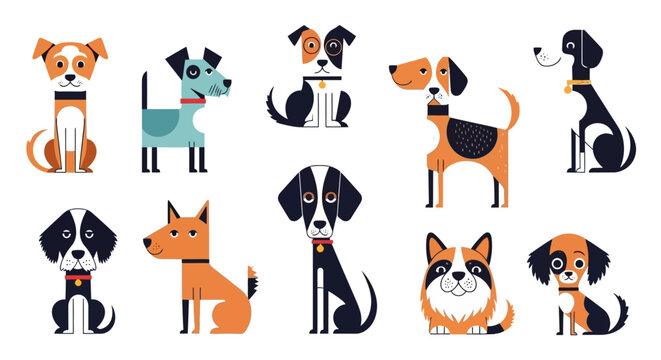 Cartoon dogs collection: A set of ten stylized dogs in various poses and colors, showcasing different breeds and expressions.