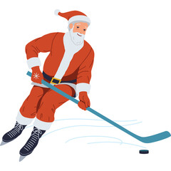 Santa Claus dressed in his iconic red suit and hat plays hockey on a white background in a dynamic...