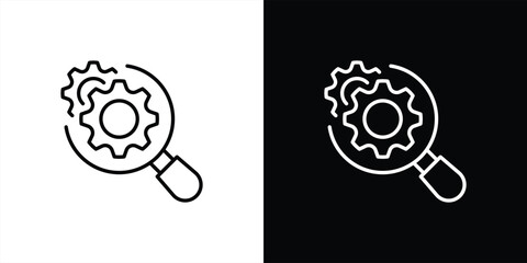 magnifier gear optimization icon. thin line design symbolizing analysis, system diagnostics, process research, and technology improvement. vector illustration