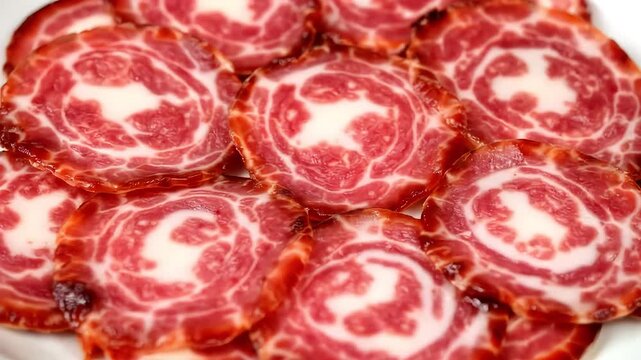 Delicious slices of capocollo ham arranged on a plate for a tasty snack