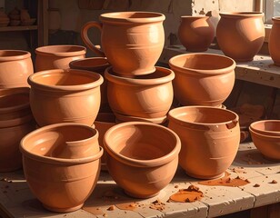 Close-up showcasing a collection of unglazed earthenware pots and vessels, arranged on a weathered wooden surface in a workshop setting