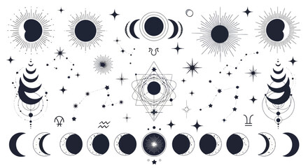 Detailed illustration of celestial bodies, stars, and moon phases in black and white. © Avoxel