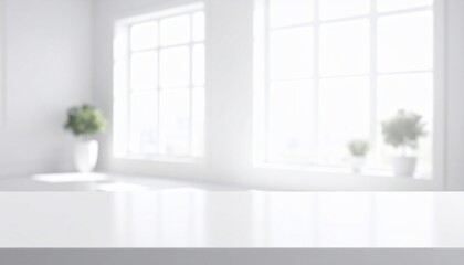 Fototapeta premium White room with windows, plants and a clear table, soft light and interior design.