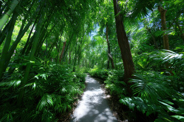 Fototapeta premium Tranquil bamboo pathway surrounded by lush greenery in a tropical forest