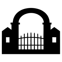 Black and white vector silhouette of architecture including a house, factory, and tower in an urban skyline for icon or symbol design