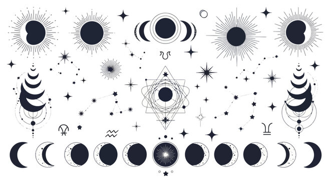 Detailed illustration of celestial bodies, stars, and moon phases in black and white.