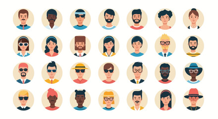 Diverse collection of cartoon avatar portraits, each with unique features and expressions, set against a clean white background.
