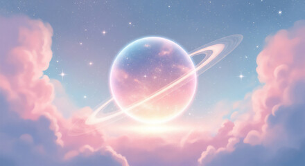 ピンクとブルーの雲に浮かぶ幻想的な惑星のデジタルアート
