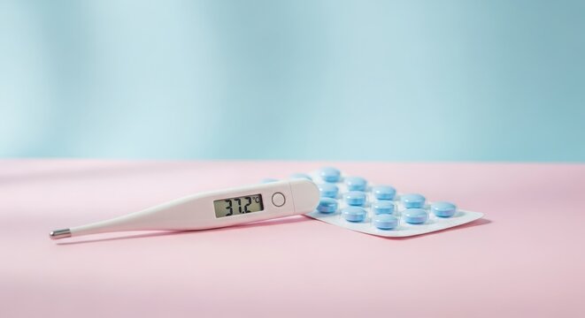 Digital thermometer displaying a high temperature next to a blister pack of blue pills on a pink and blue background