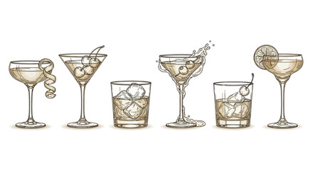 Illustration of six different cocktails in various glasses, each garnished differently, on a white background.
