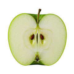 Macro of a vibrant green granny smith apple, perfectly halved, showcasing crisp flesh and dark seeds, dramatically lit on a transparent studio background. Concept of natural perfection