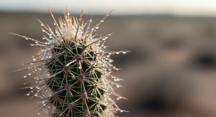 Closeup of a cactus covered in glistening water droplets, set against a blurred desert background, showcasing natures resilience and beauty