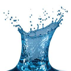 Vibrant electric blue water splash frozen at apex, glistening translucent droplets, intricate peaks, macro, dramatic backlighting, low angle, isolated on transparent, concept of frozen dynamics and