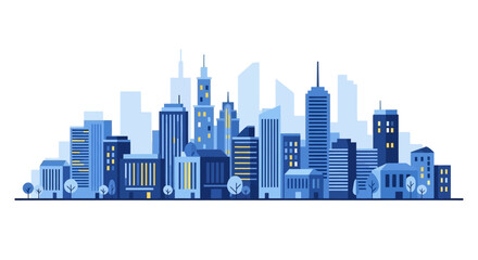 Naklejka premium Illustration of a city skyline with various buildings and skyscrapers in shades of blue.