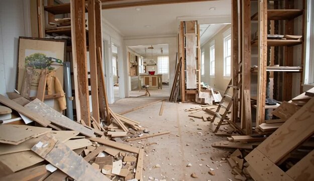 Construction waste piled up inside a house undergoing renovation