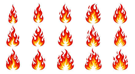 Fifteen cartoon flames arranged in a grid pattern on a white background.